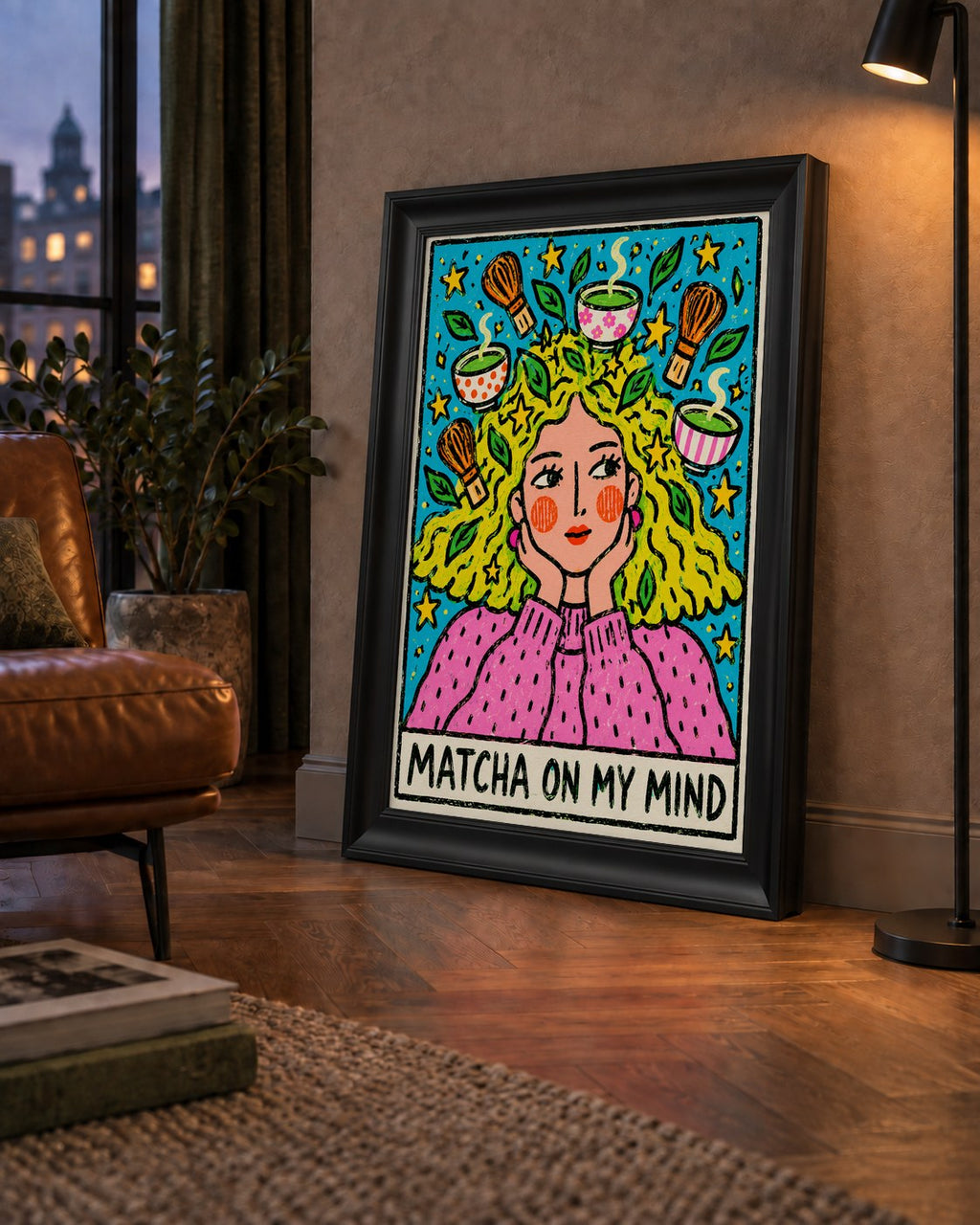 Matcha on My Mind Renkli İllüstrasyon Tipografi Poster — çerçeveli hâliyle bir ev duvarında