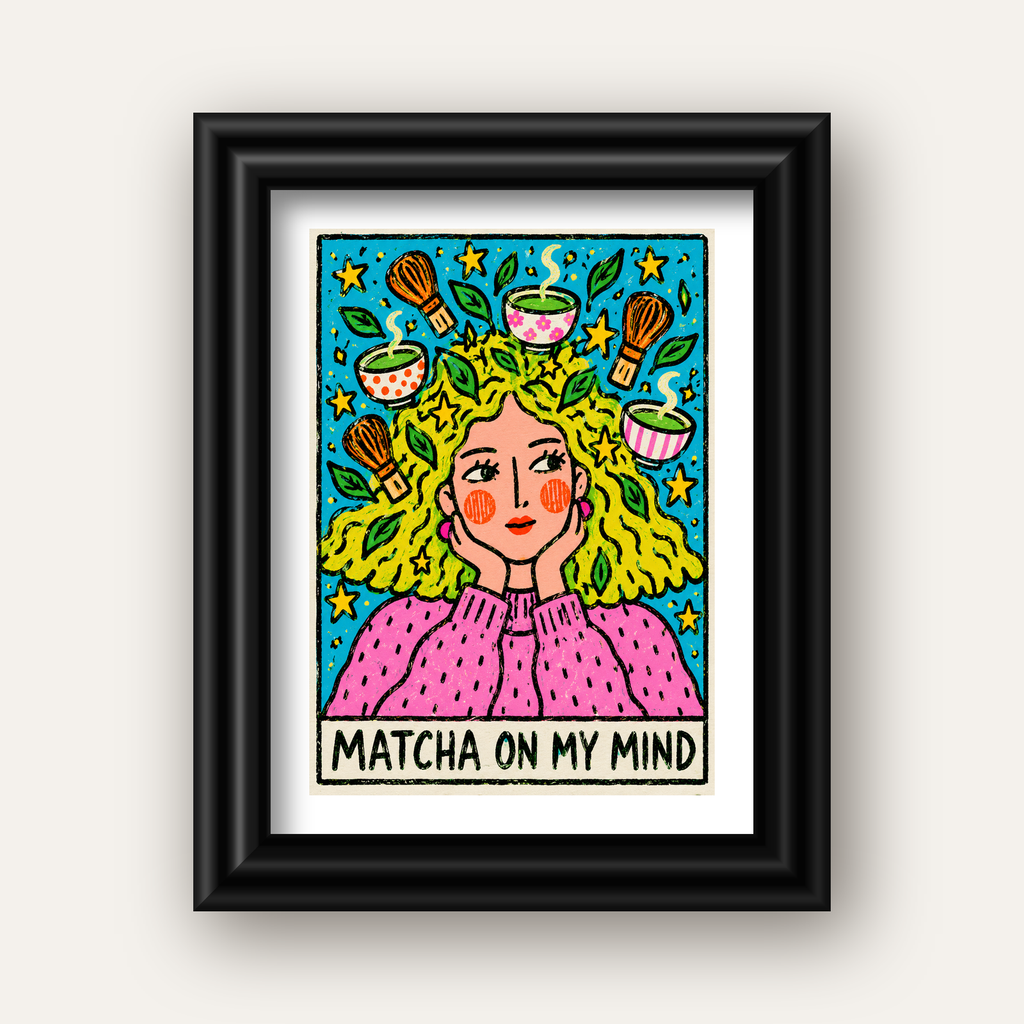 Matcha on My Mind Renkli İllüstrasyon Tipografi Poster — siyah galeri çerçeveli paspartulu