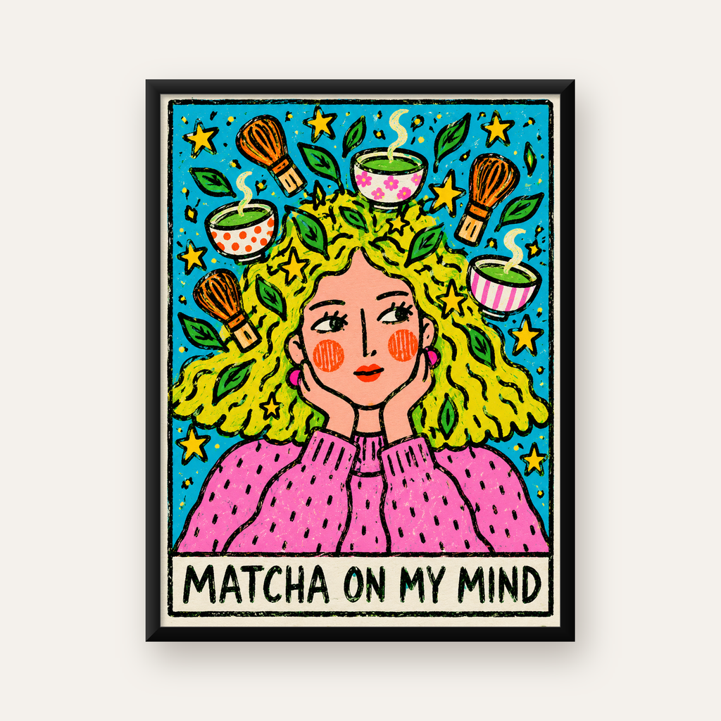 Matcha On My Mind – Renkli Kadın Portreli Sanat Posteri — Dikey baskı, düz siyah çerçeveli duvar posteri