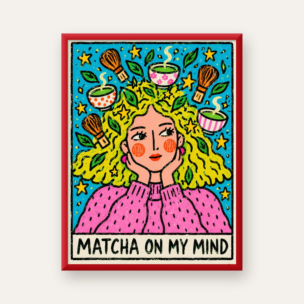 Matcha on My Mind Renkli İllüstrasyon Tipografi Poster — kırmızı çerçeveli