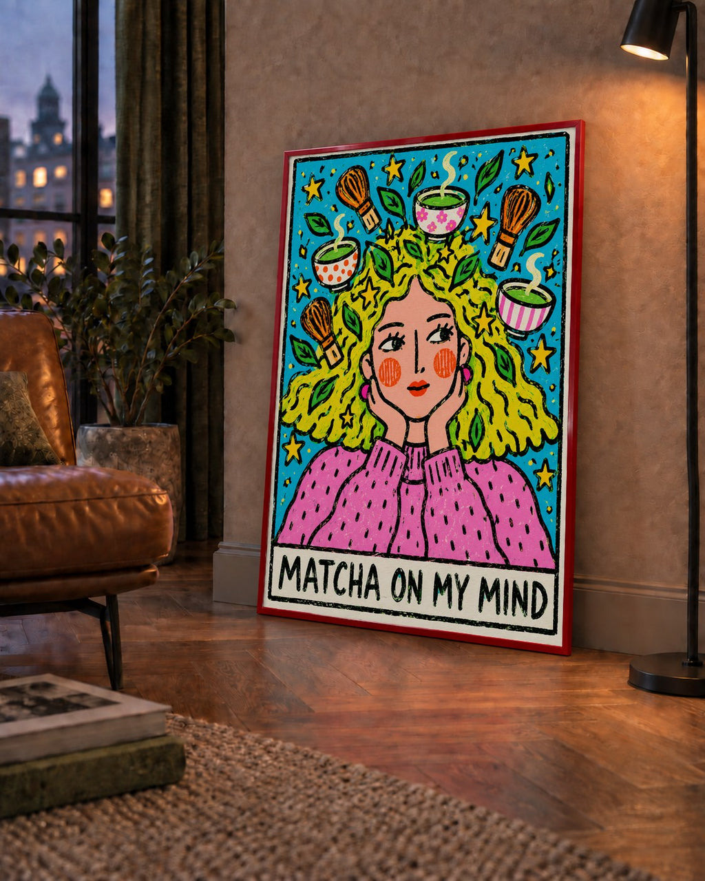 Matcha on My Mind Renkli İllüstrasyon Tipografi Poster — çerçeveli hâliyle bir ev duvarında
