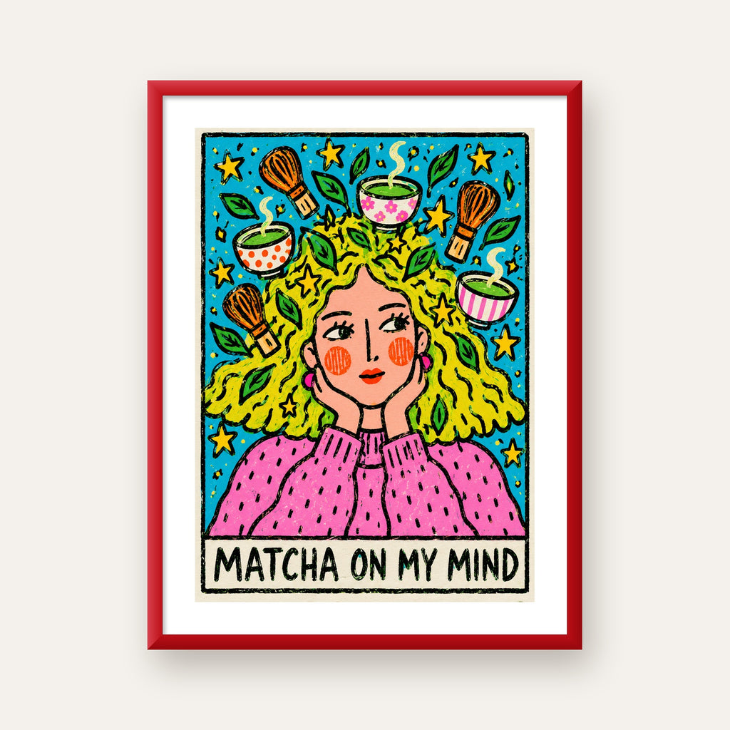 Matcha on My Mind Renkli İllüstrasyon Tipografi Poster — kırmızı çerçeveli paspartulu