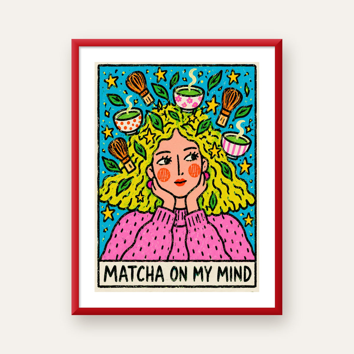 Matcha on My Mind Renkli İllüstrasyon Tipografi Poster — kırmızı çerçeveli paspartulu