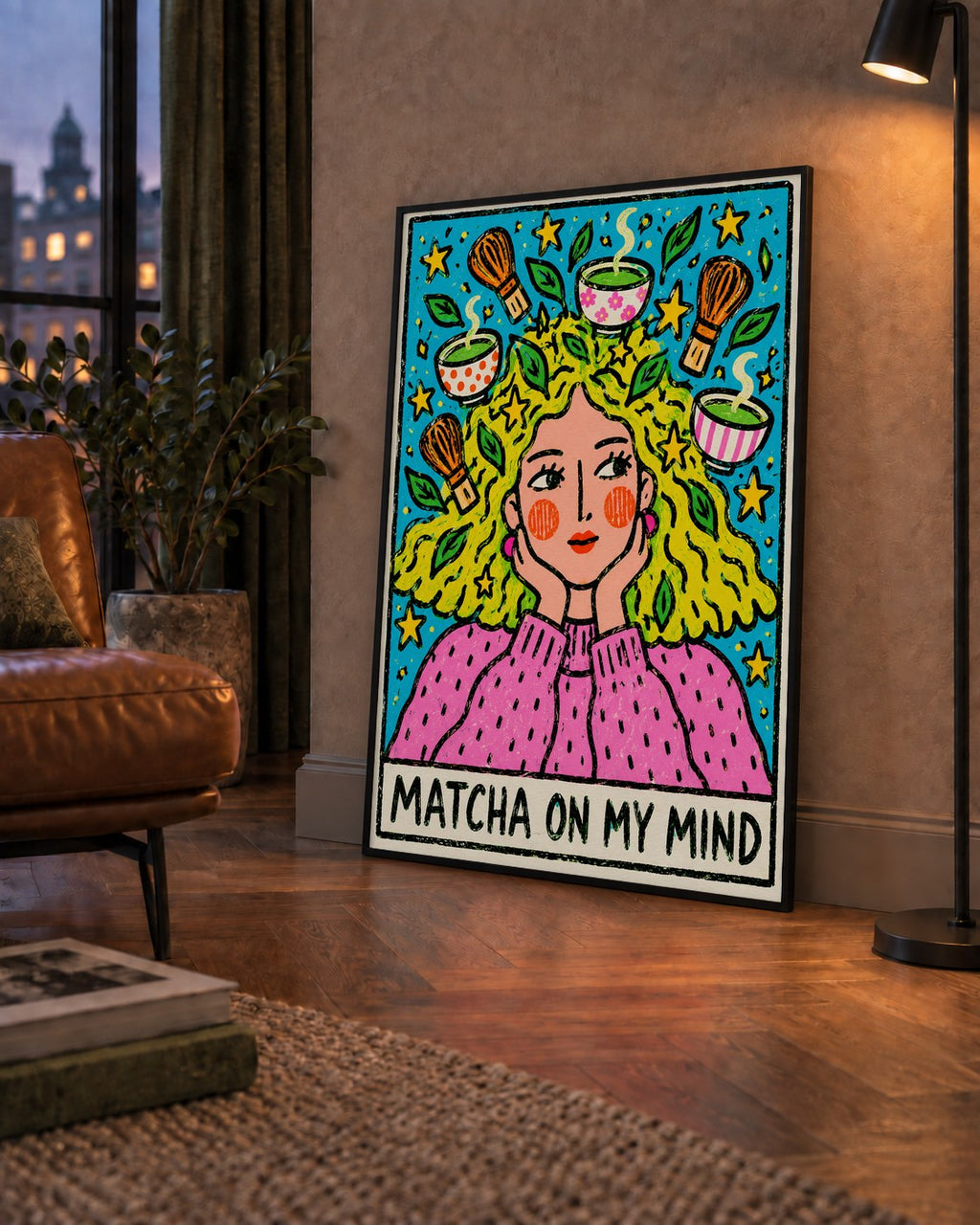 Matcha on My Mind Renkli İllüstrasyon Tipografi Poster — çerçeveli hâliyle bir ev duvarında