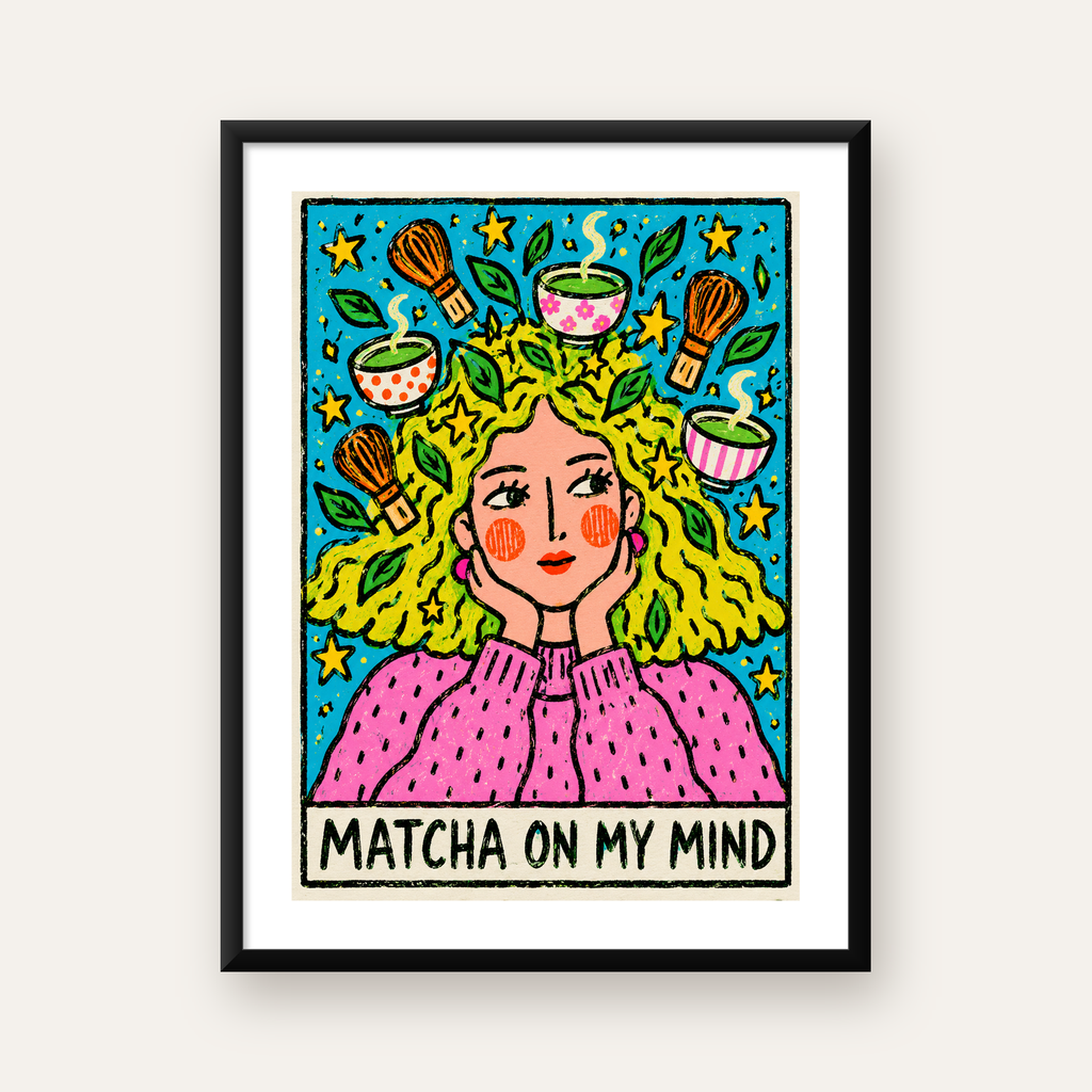 Matcha On My Mind – Renkli Kadın Portreli Sanat Posteri — Dikey baskı, beyaz kenar boşluklu