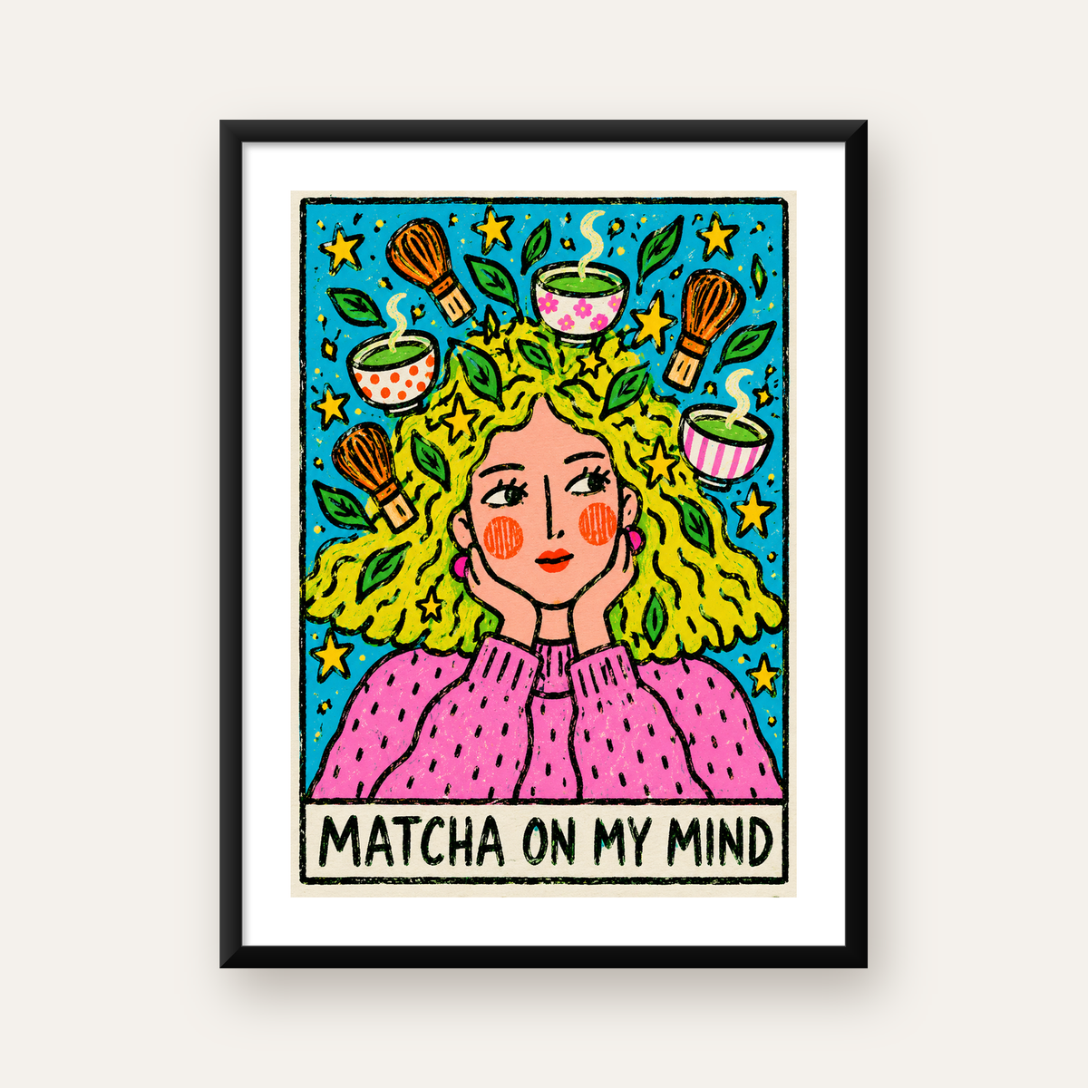 Matcha On My Mind – Renkli Kadın Portreli Sanat Posteri — Dikey baskı, beyaz kenar boşluklu