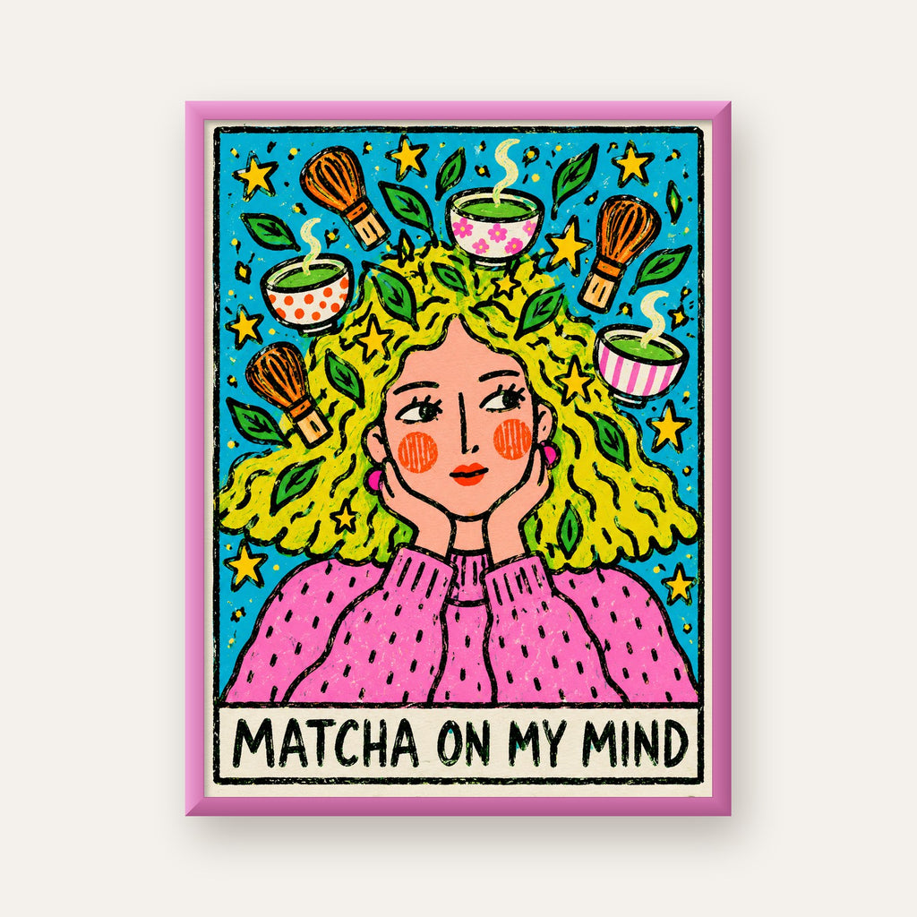 Matcha on My Mind Renkli İllüstrasyon Tipografi Poster — pembe çerçeveli