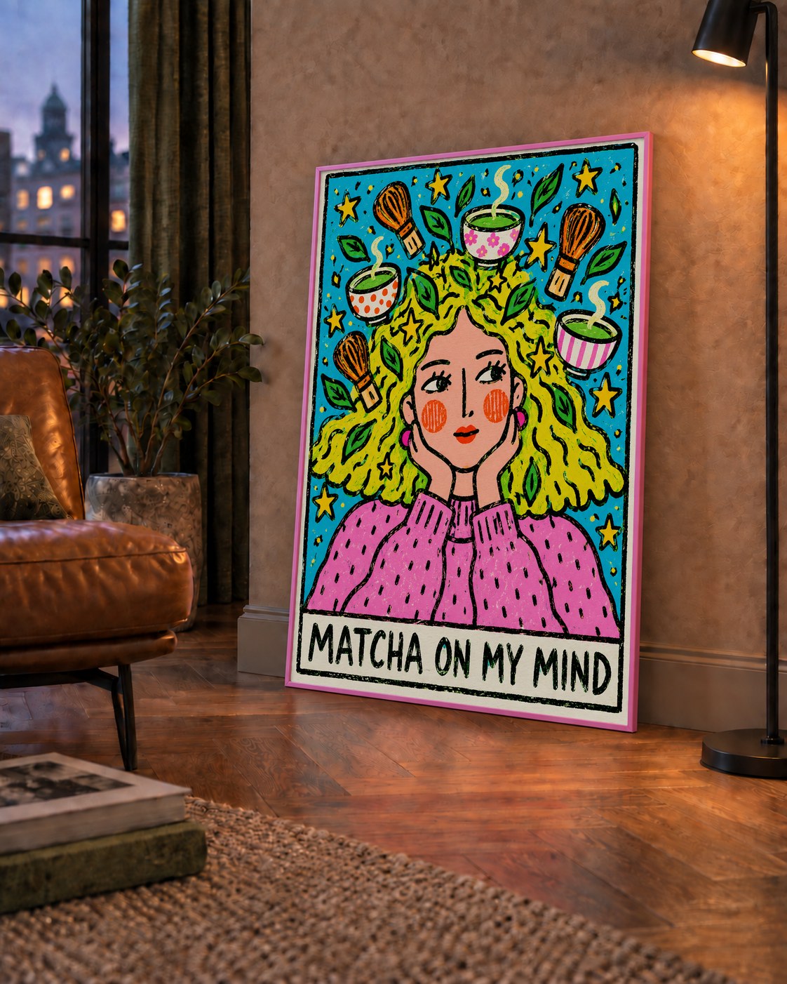 Matcha on My Mind Renkli İllüstrasyon Tipografi Poster — çerçeveli hâliyle bir ev duvarında