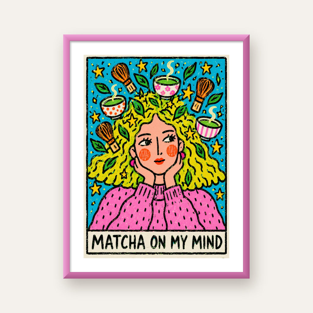 Matcha on My Mind Renkli İllüstrasyon Tipografi Poster — pembe çerçeveli paspartulu