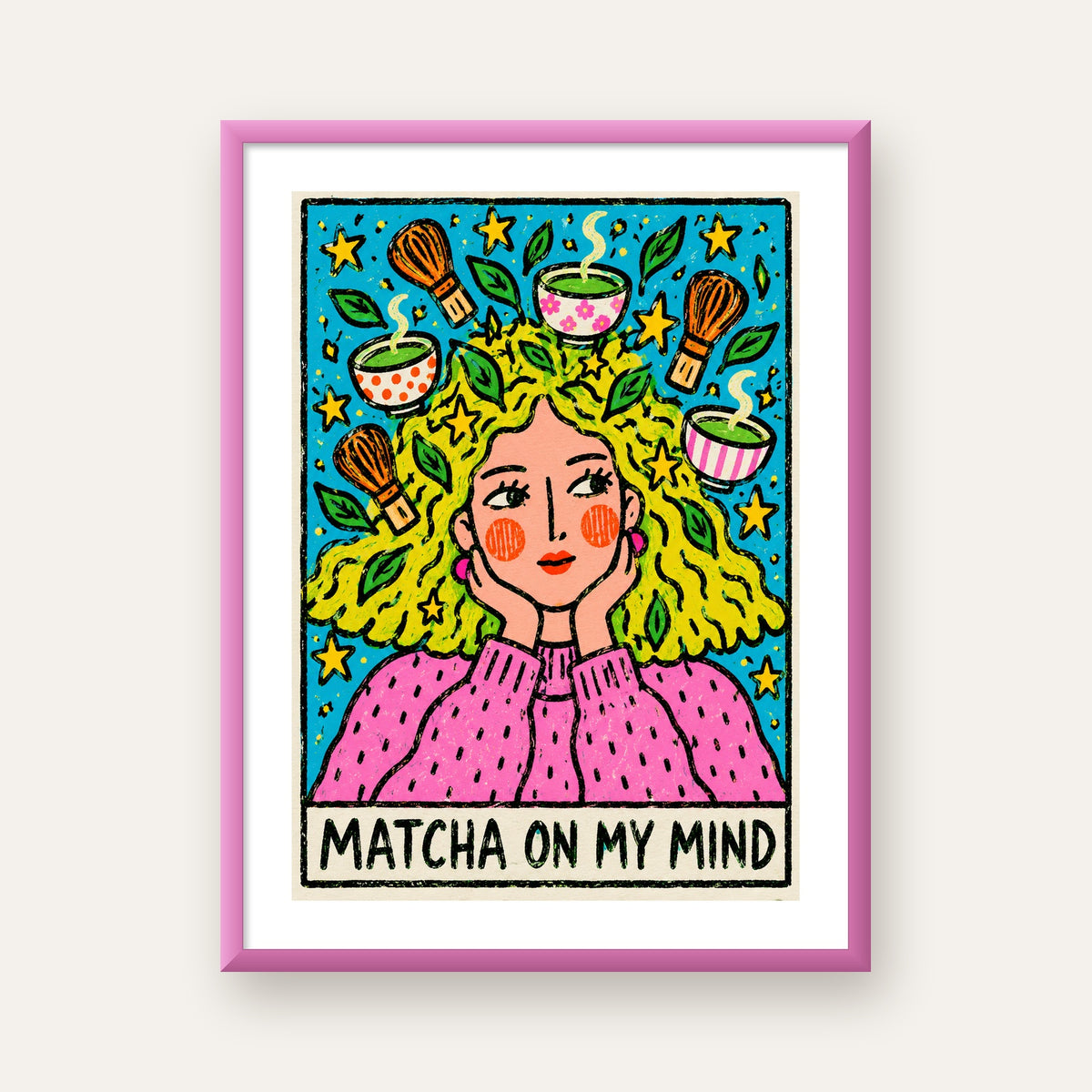Matcha on My Mind Renkli İllüstrasyon Tipografi Poster — pembe çerçeveli paspartulu