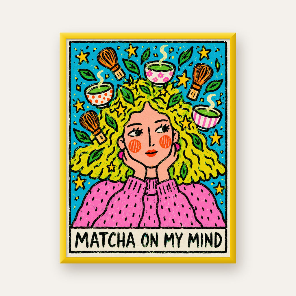 Matcha on My Mind Renkli İllüstrasyon Tipografi Poster — sarı çerçeveli