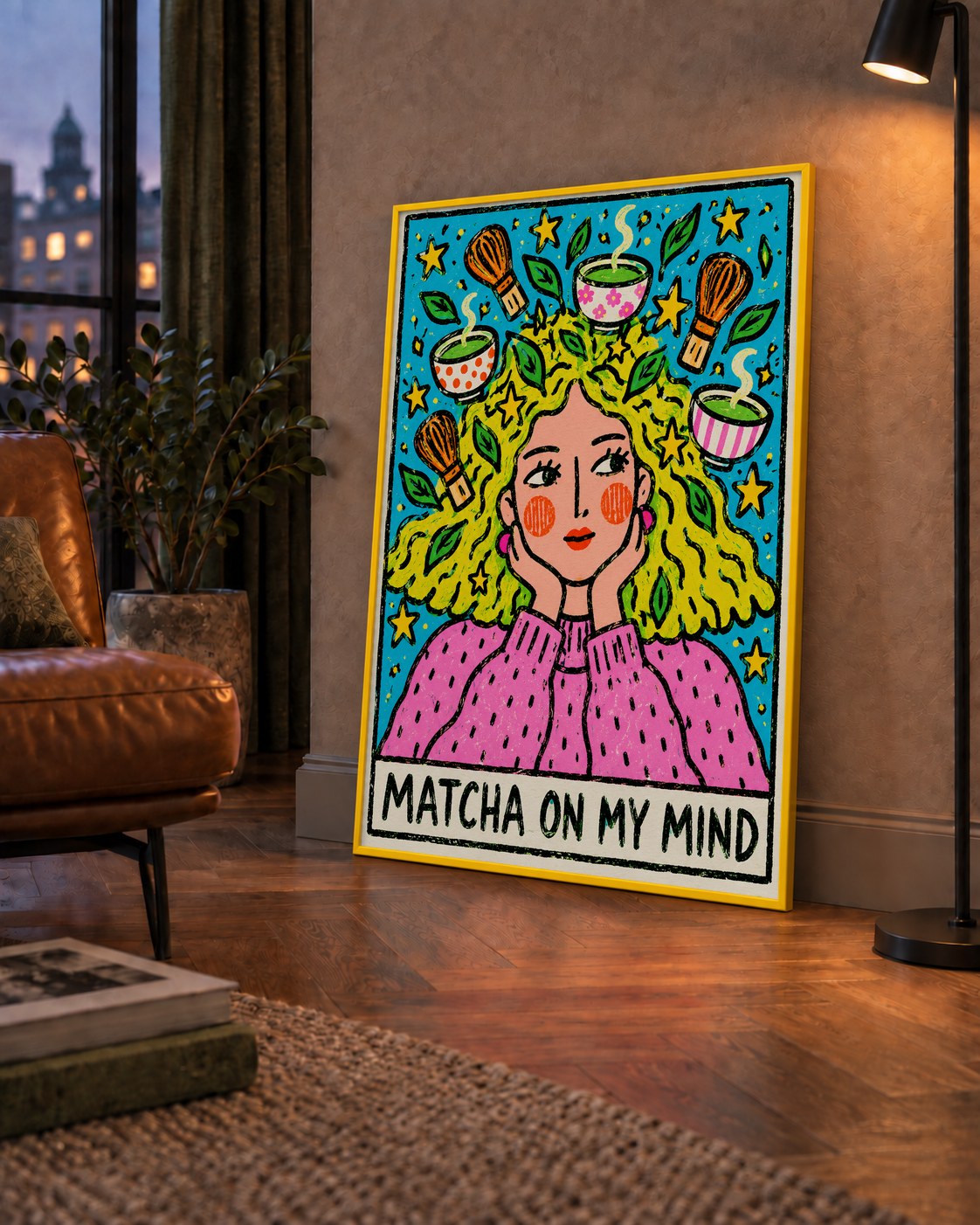 Matcha on My Mind Renkli İllüstrasyon Tipografi Poster — çerçeveli hâliyle bir ev duvarında