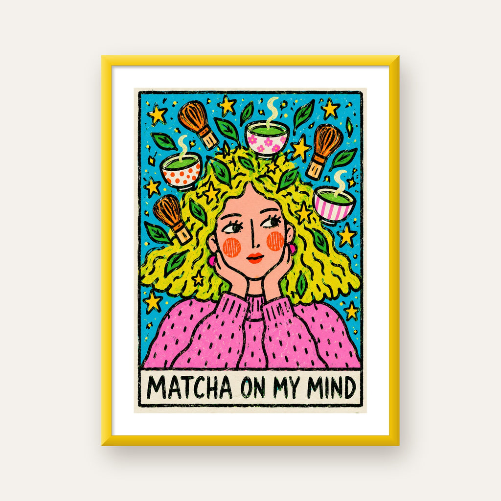 Matcha on My Mind Renkli İllüstrasyon Tipografi Poster — sarı çerçeveli paspartulu