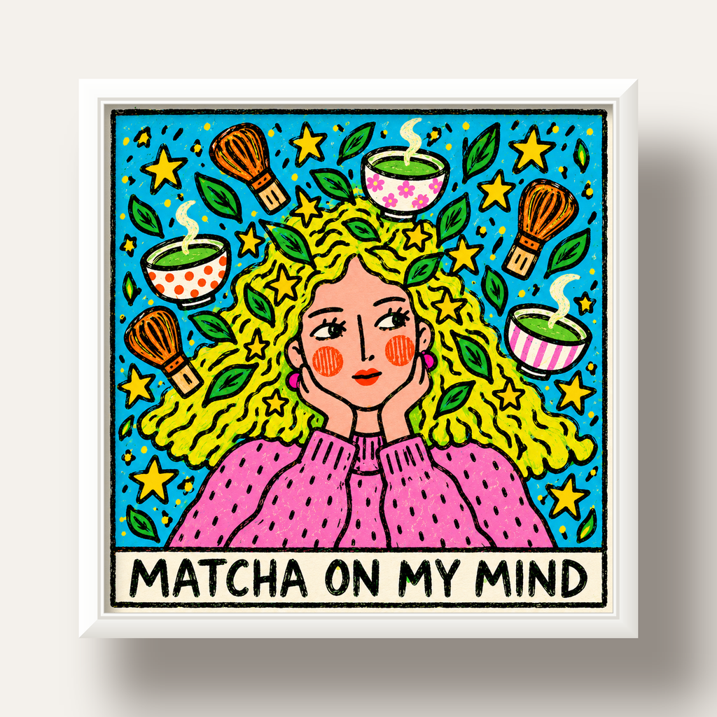 Matcha on My Mind Renkli İllüstrasyon Tipografi Poster — beyaz derin çerçeveli