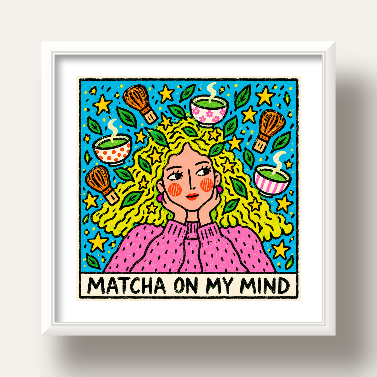 Matcha on My Mind Renkli İllüstrasyon Tipografi Poster — beyaz derin çerçeveli paspartulu