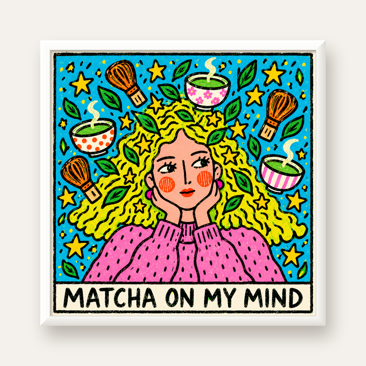 Matcha on My Mind Renkli İllüstrasyon Tipografi Poster — beyaz çerçeveli kare poster