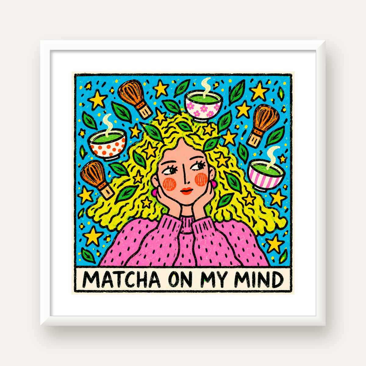 Matcha on My Mind Renkli İllüstrasyon Tipografi Poster — beyaz çerçeveli kare poster