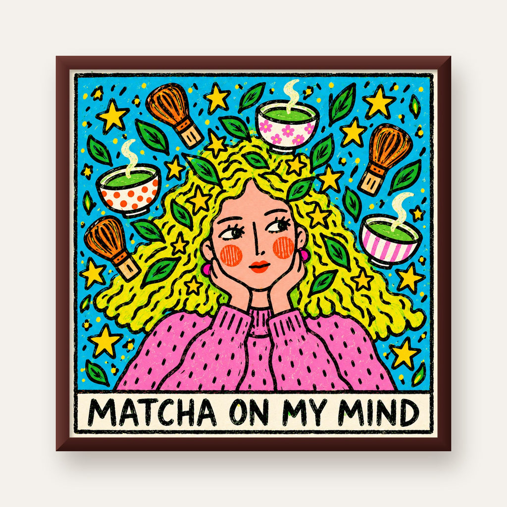 Matcha on My Mind Renkli İllüstrasyon Tipografi Poster — ceviz çerçeveli