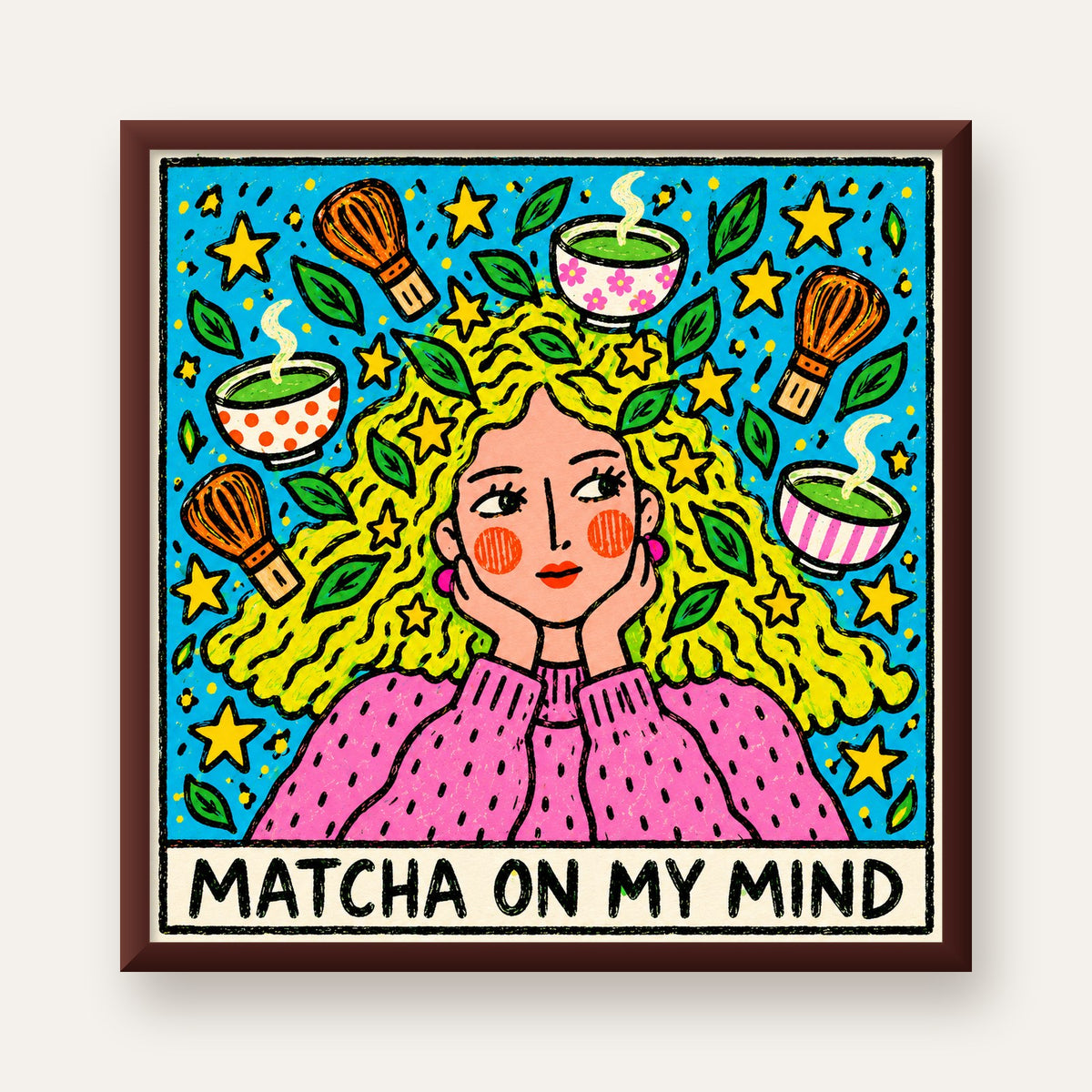 Matcha on My Mind Renkli İllüstrasyon Tipografi Poster — ceviz çerçeveli