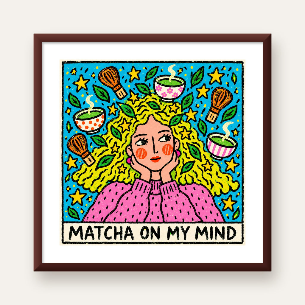 Matcha on My Mind Renkli İllüstrasyon Tipografi Poster — ceviz çerçeveli paspartulu