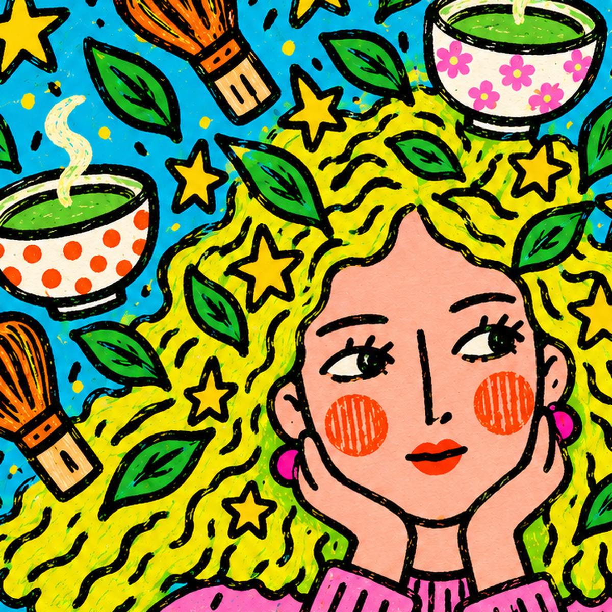 Matcha On My Mind – Renkli Kadın Portreli Sanat Posteri — baskının yakın çekimi, kâğıt dokusu ve renk detayı