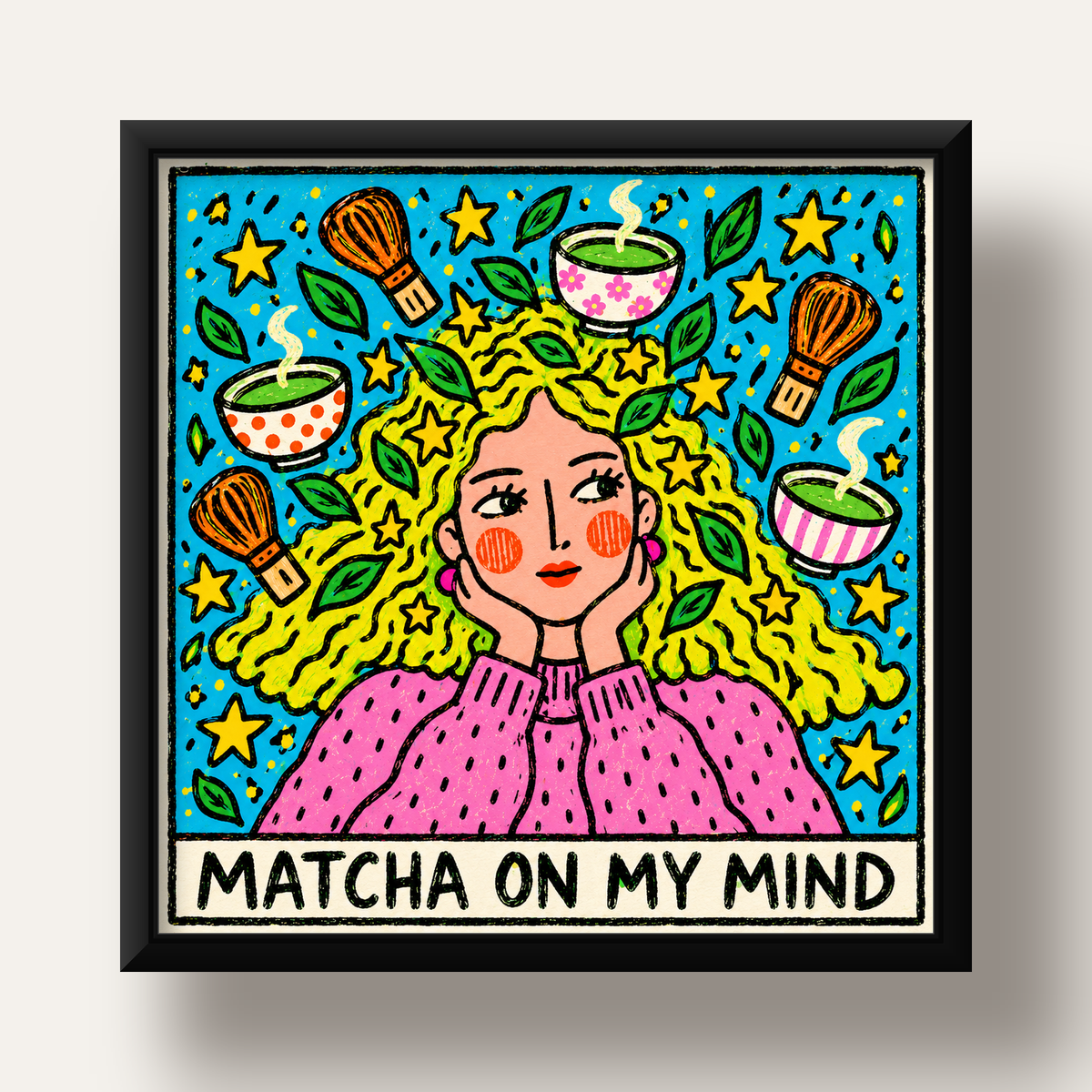 Matcha on My Mind Renkli İllüstrasyon Tipografi Poster — siyah derin çerçeveli