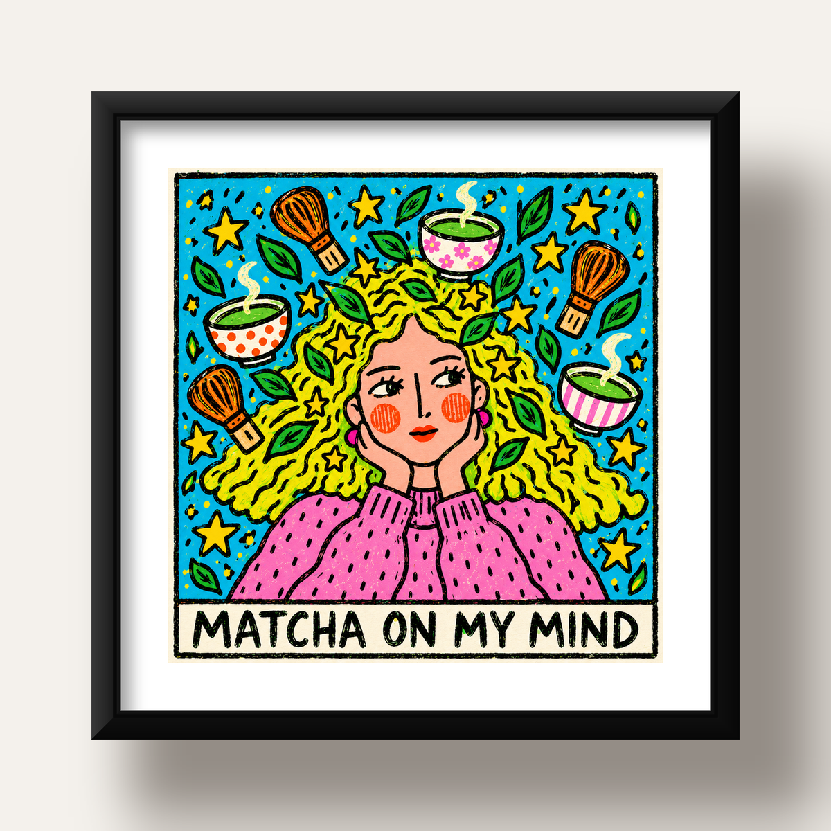 Matcha on My Mind Renkli İllüstrasyon Tipografi Poster — siyah derin çerçeveli paspartulu