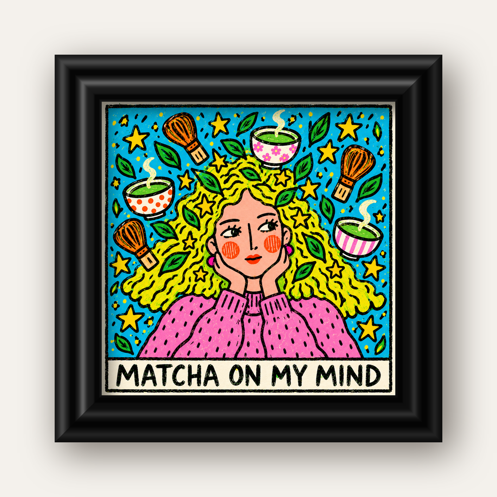 Matcha on My Mind Renkli İllüstrasyon Tipografi Poster — siyah galeri çerçeveli