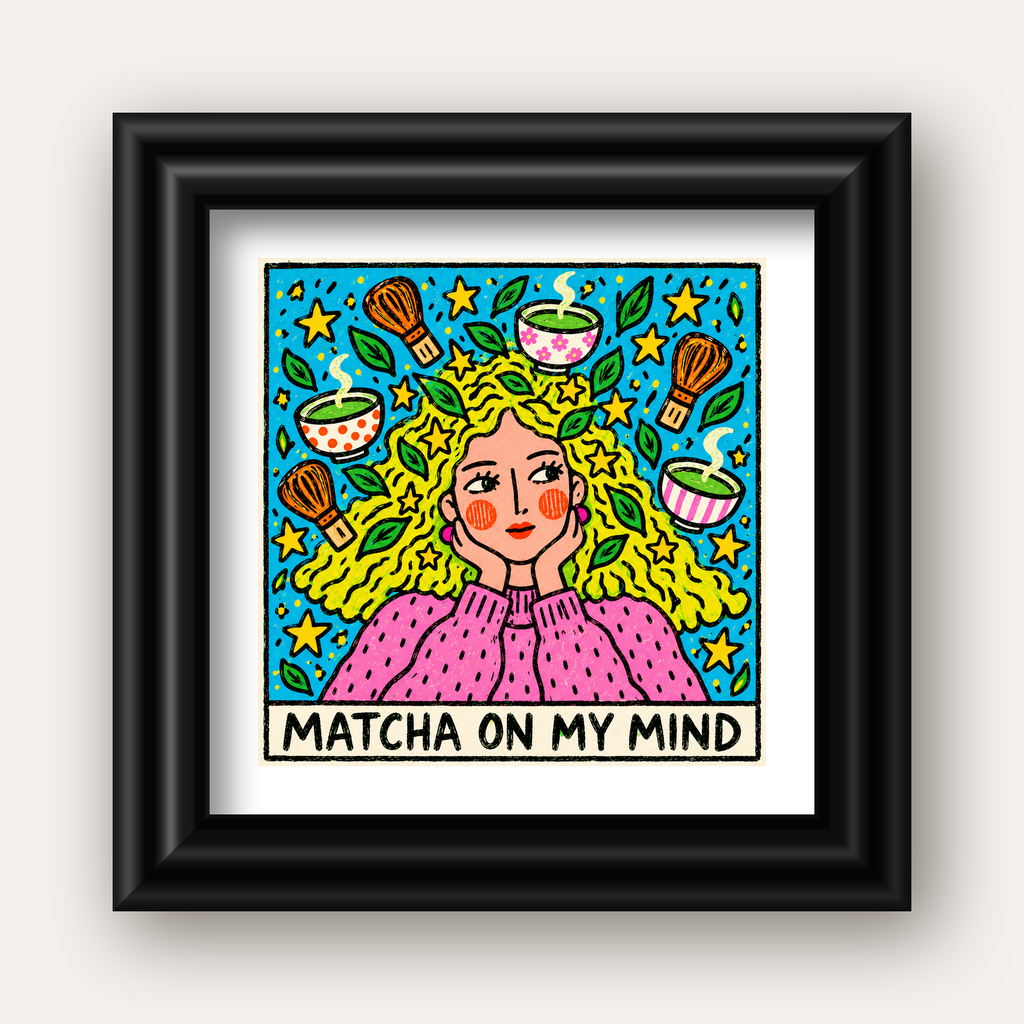 Matcha on My Mind Renkli İllüstrasyon Tipografi Poster — siyah galeri çerçeveli paspartulu