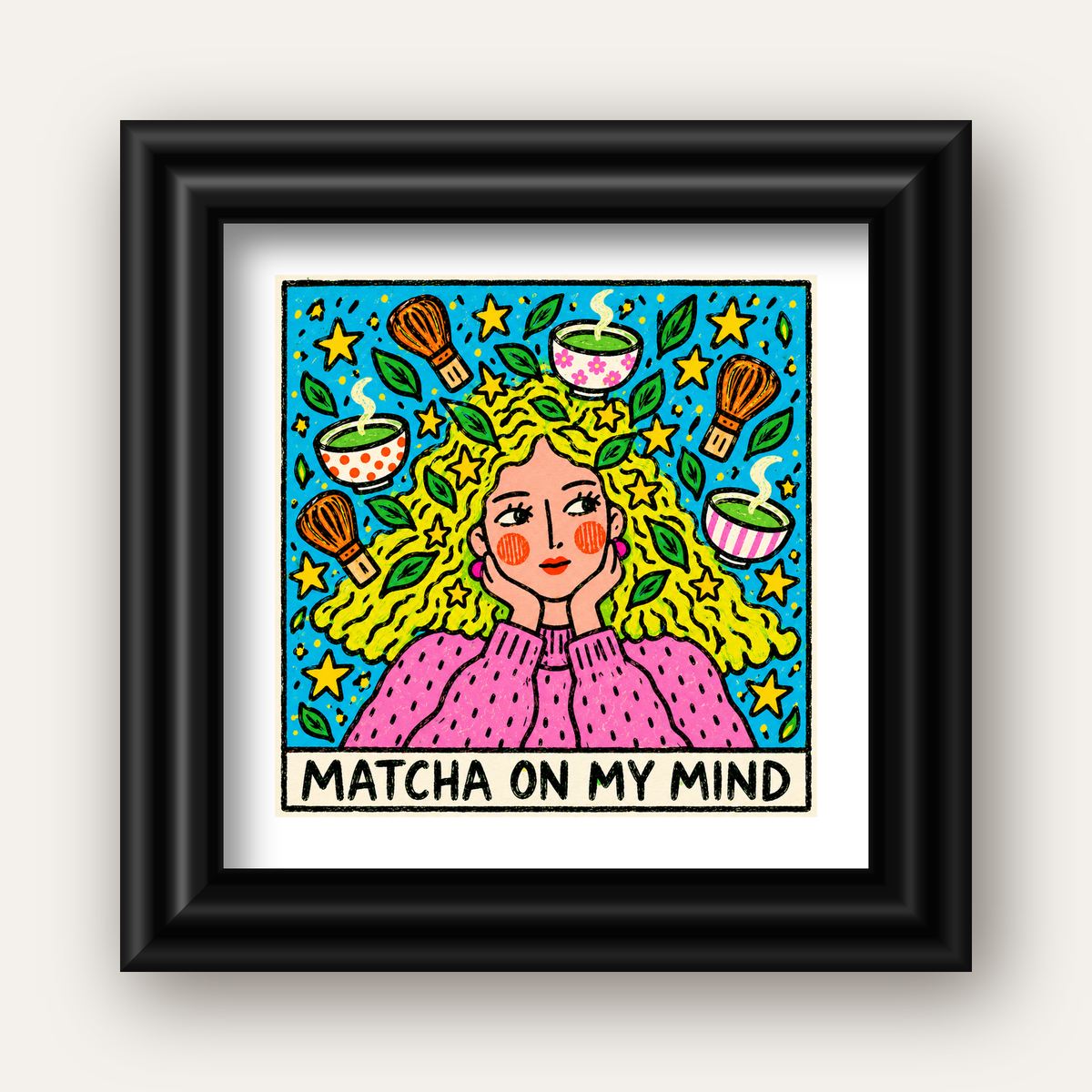 Matcha on My Mind Renkli İllüstrasyon Tipografi Poster — siyah galeri çerçeveli paspartulu