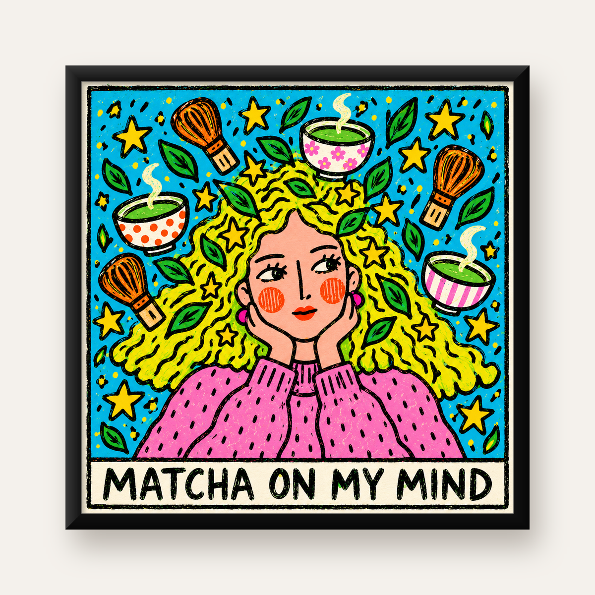 Matcha On My Mind – Renkli Kadın Portreli Sanat Posteri — Kare baskı, düz siyah çerçeveli duvar posteri