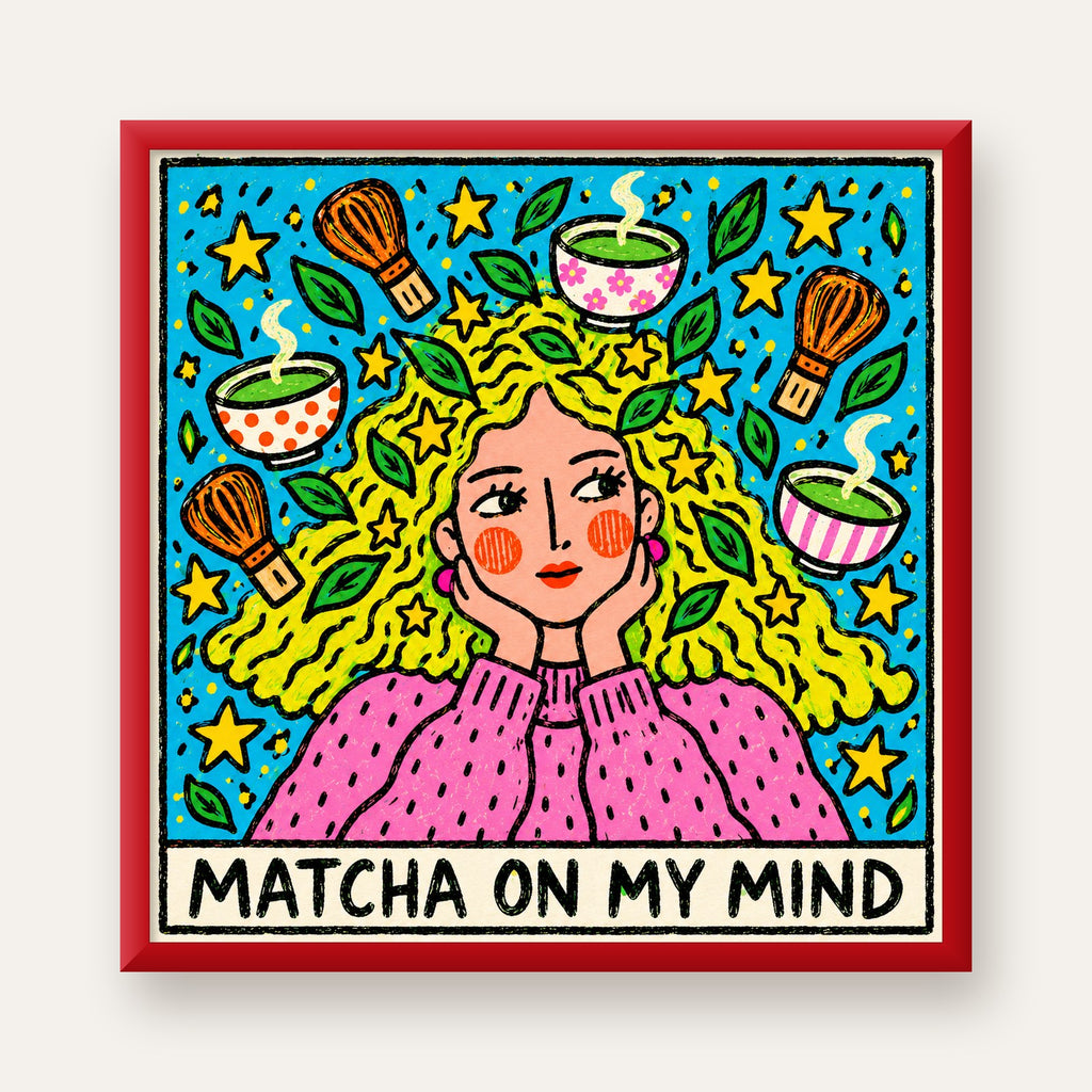 Matcha on My Mind Renkli İllüstrasyon Tipografi Poster — kırmızı çerçeveli