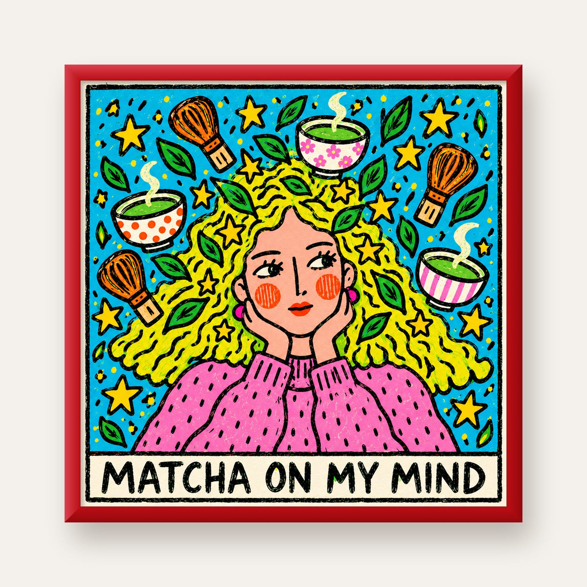 Matcha on My Mind Renkli İllüstrasyon Tipografi Poster — kırmızı çerçeveli