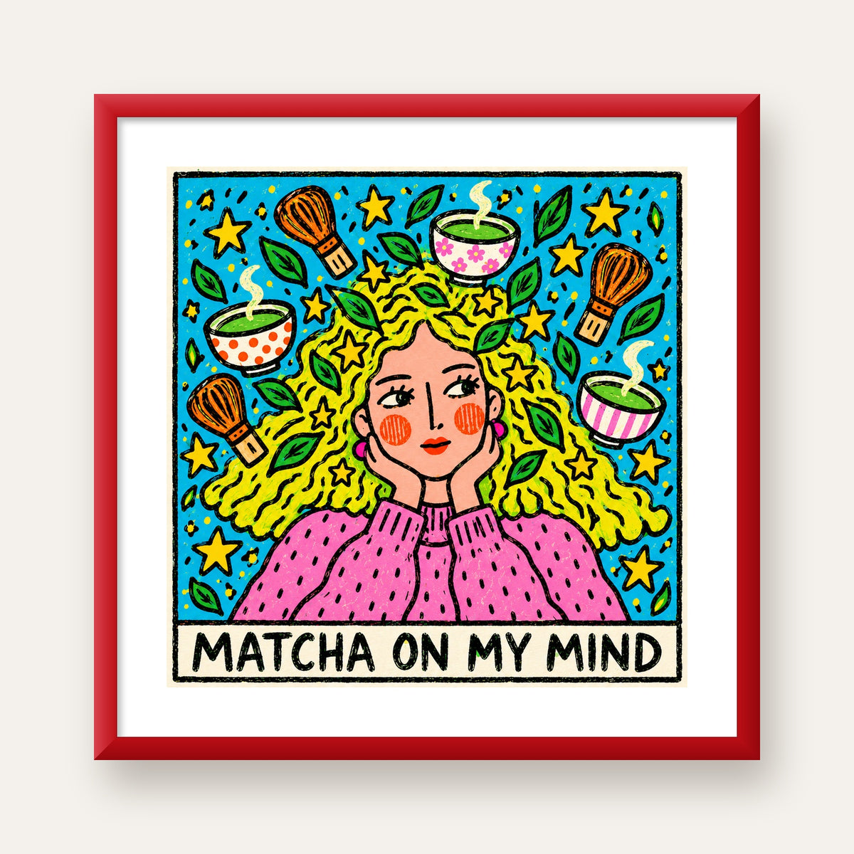 Matcha on My Mind Renkli İllüstrasyon Tipografi Poster — kırmızı çerçeveli paspartulu