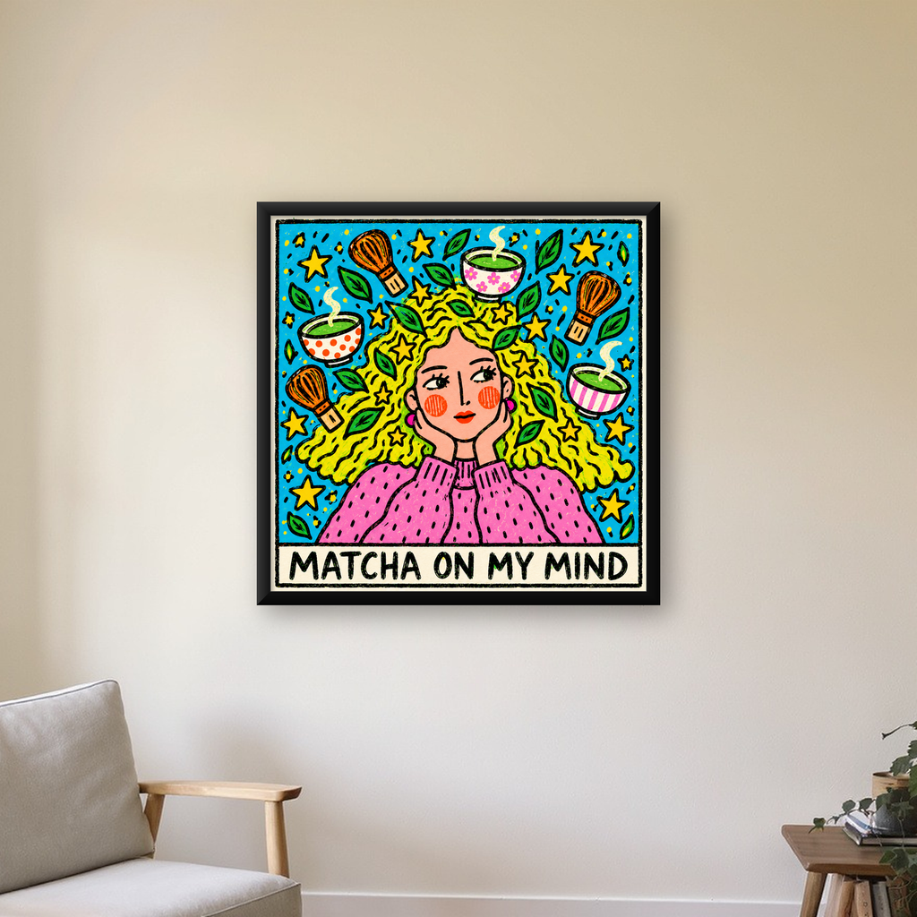 Matcha On My Mind – Renkli Kadın Portreli Sanat Posteri — Kare baskı, çerçeveli hâliyle bir ev duvarında
