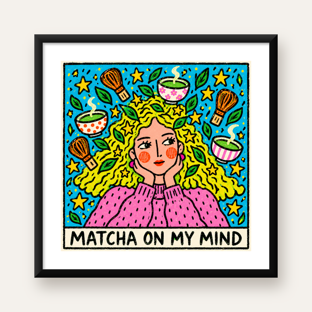 Matcha On My Mind – Renkli Kadın Portreli Sanat Posteri — Kare baskı, beyaz kenar boşluklu