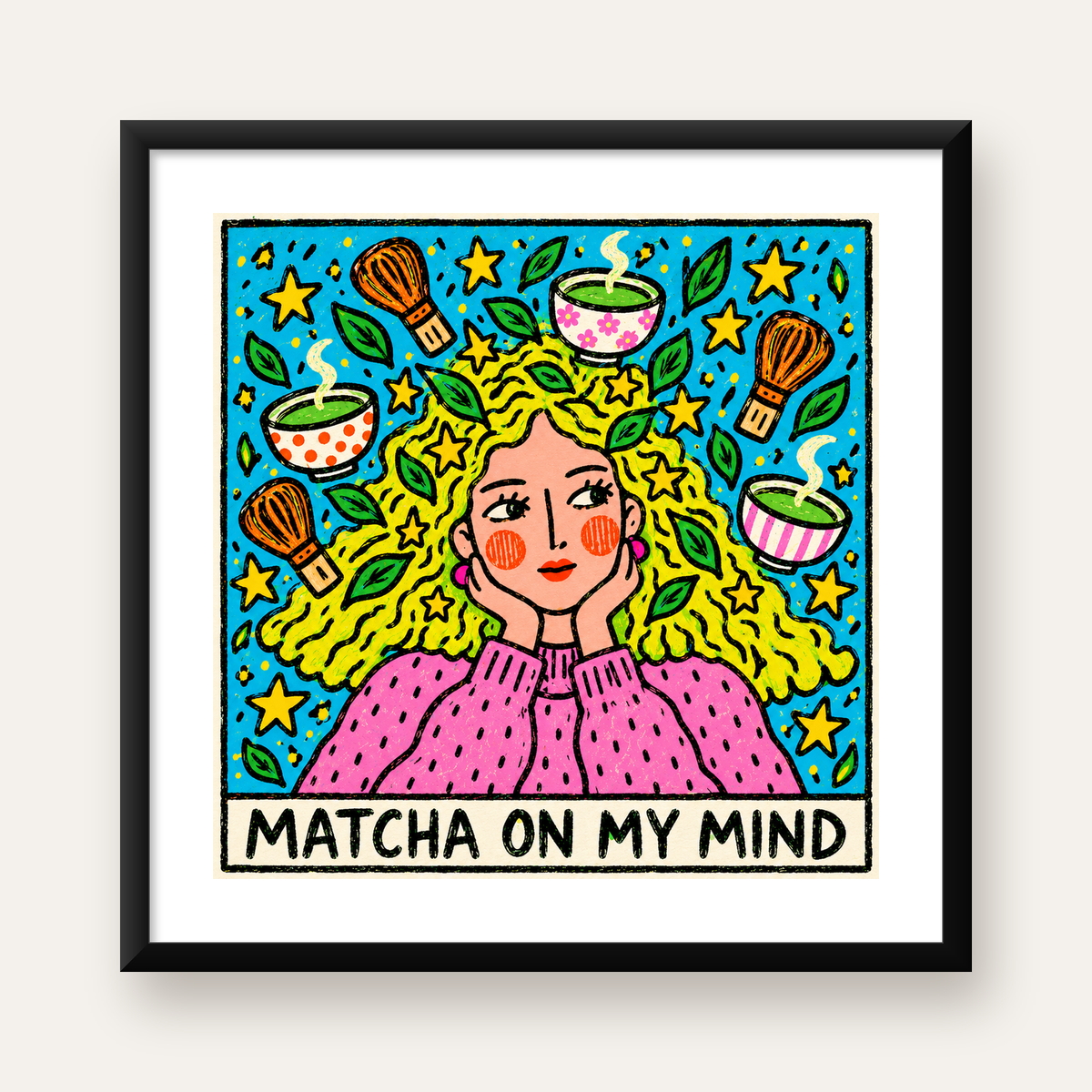 Matcha On My Mind – Renkli Kadın Portreli Sanat Posteri — Kare baskı, beyaz kenar boşluklu