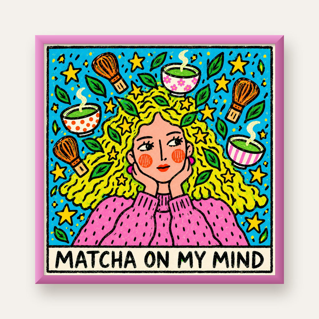 Matcha on My Mind Renkli İllüstrasyon Tipografi Poster — pembe çerçeveli