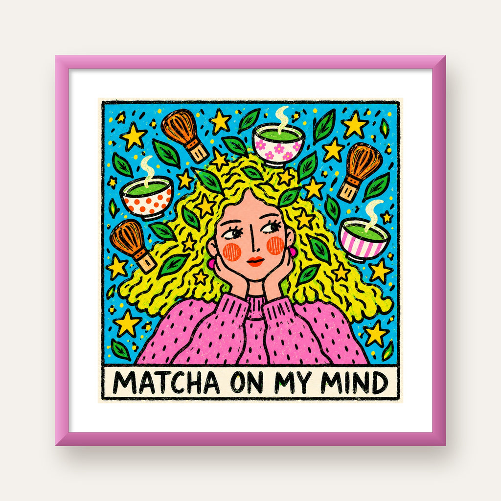 Matcha on My Mind Renkli İllüstrasyon Tipografi Poster — pembe çerçeveli paspartulu