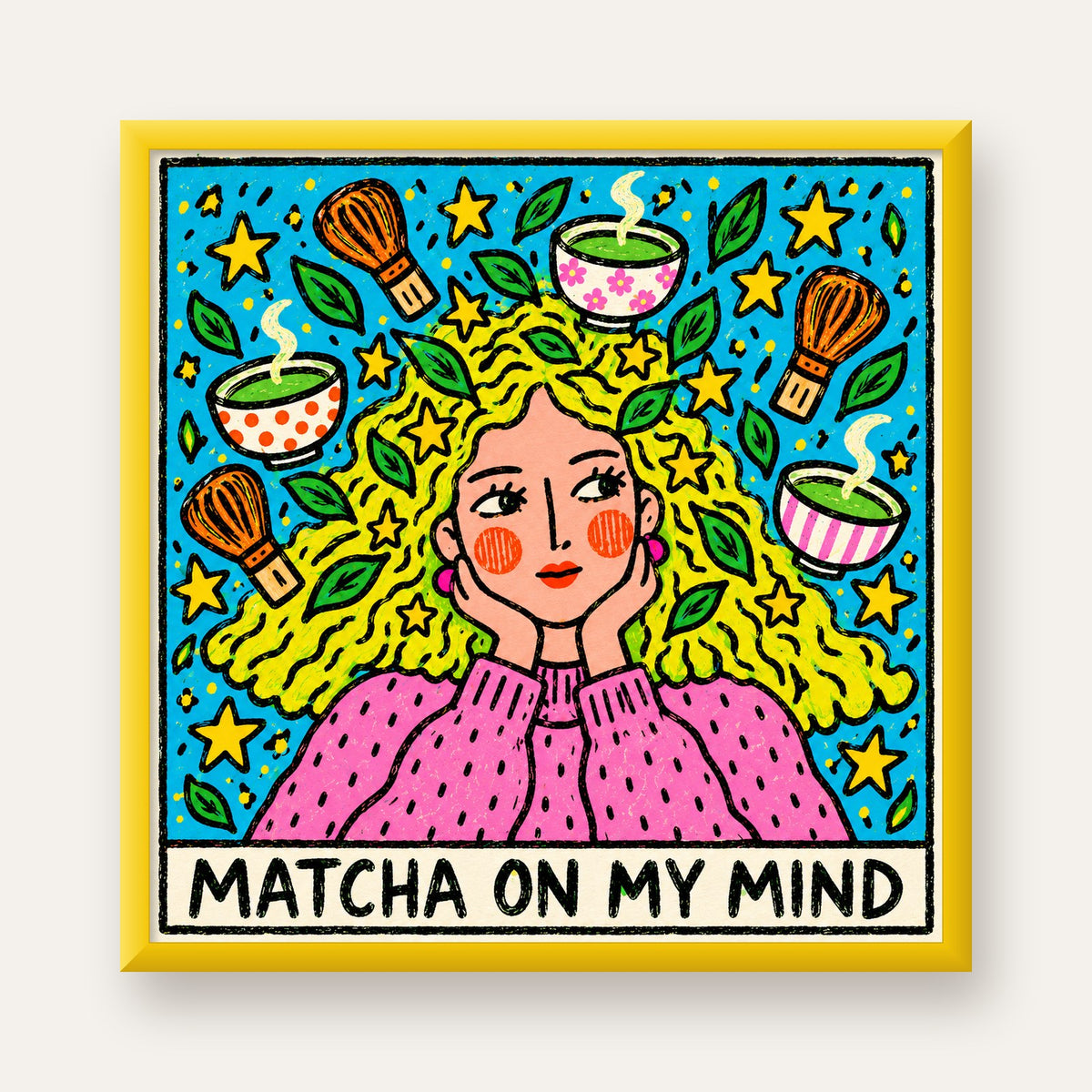 Matcha on My Mind Renkli İllüstrasyon Tipografi Poster — sarı çerçeveli