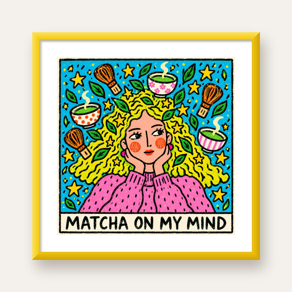 Matcha on My Mind Renkli İllüstrasyon Tipografi Poster — sarı çerçeveli paspartulu