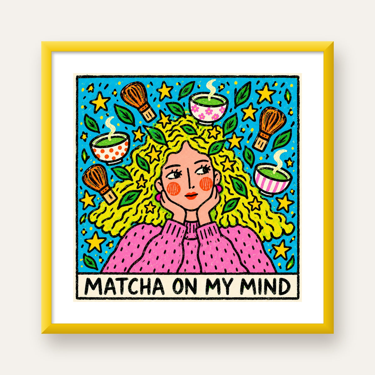 Matcha on My Mind Renkli İllüstrasyon Tipografi Poster — sarı çerçeveli paspartulu