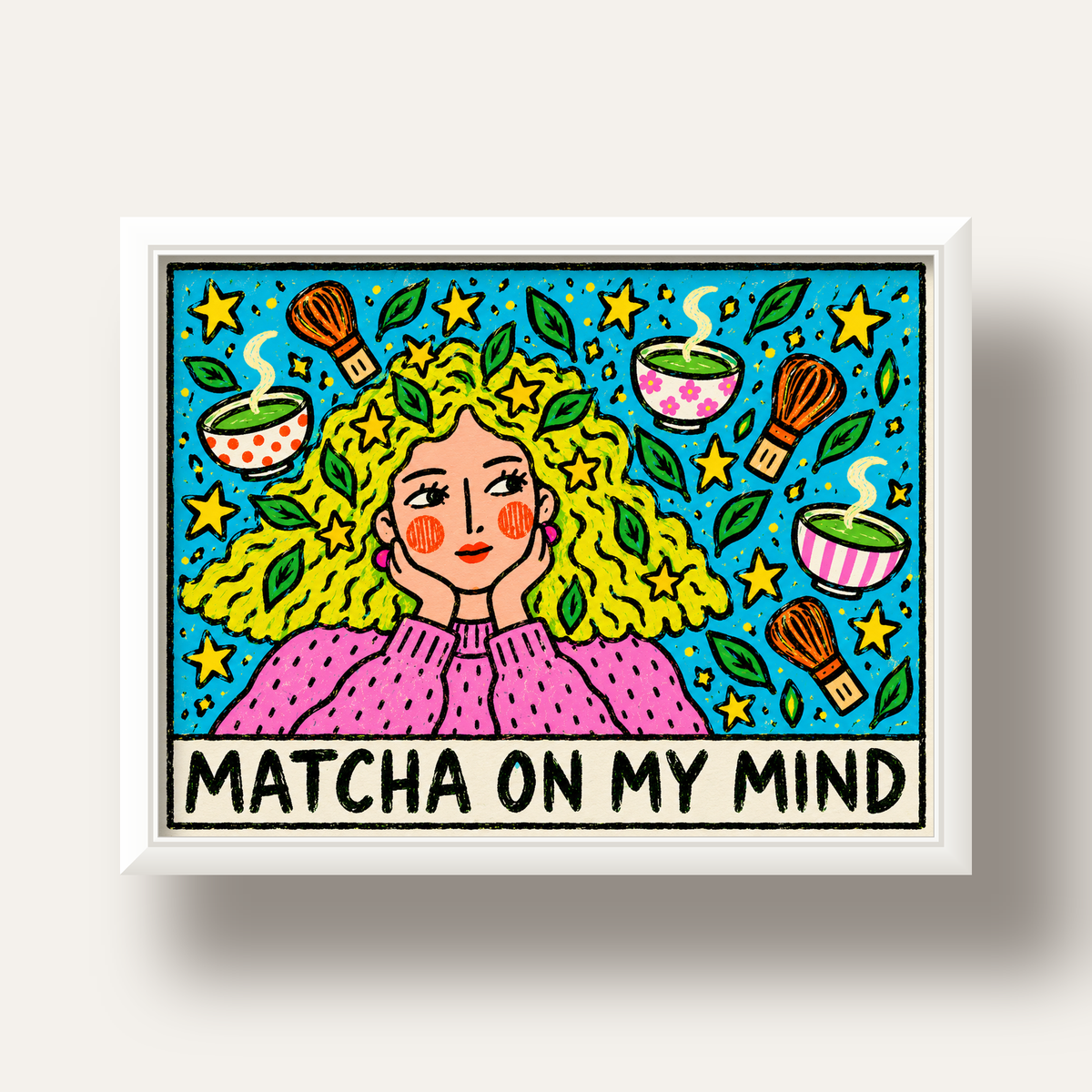 Matcha on My Mind Renkli İllüstrasyon Tipografi Poster — beyaz derin çerçeveli