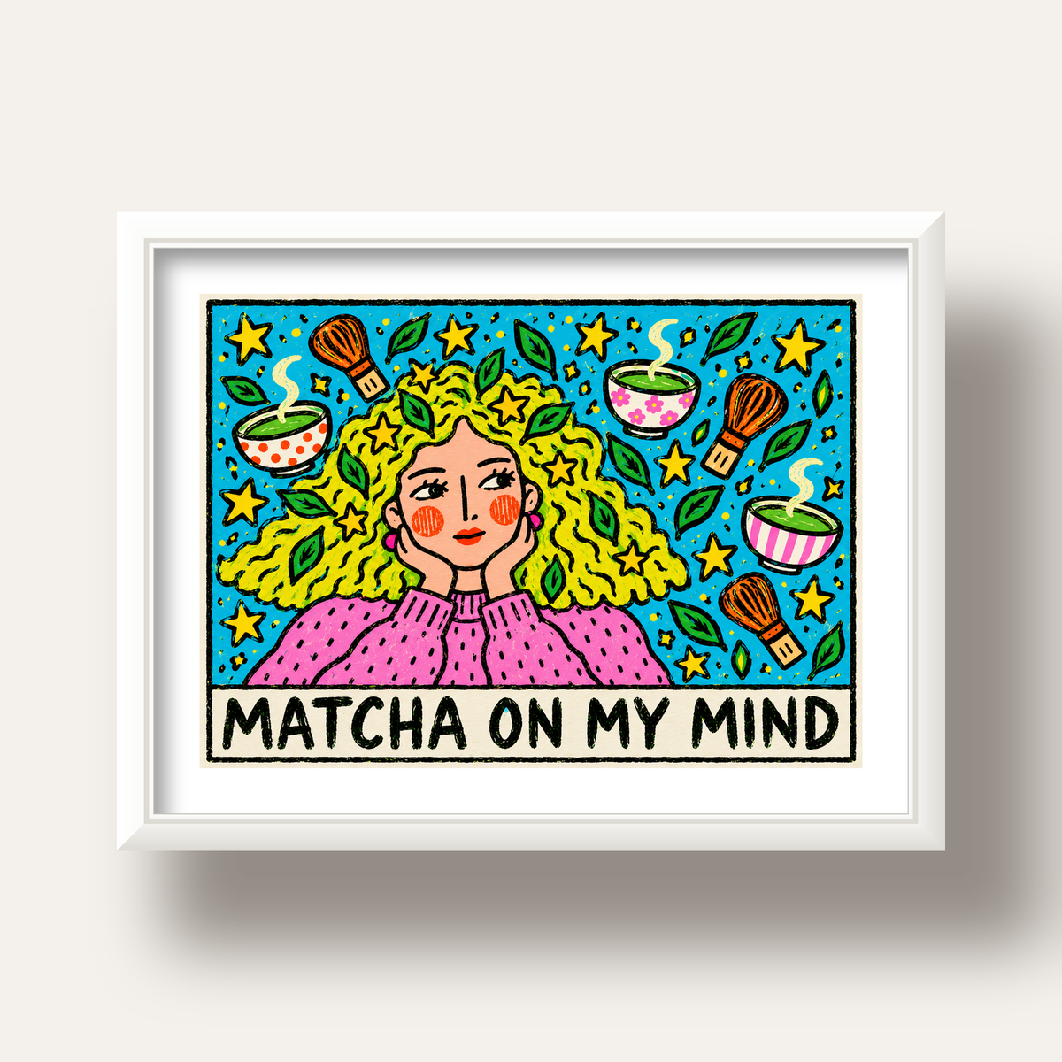 Matcha on My Mind Renkli İllüstrasyon Tipografi Poster — beyaz derin çerçeveli paspartulu