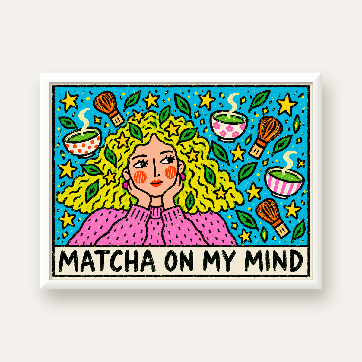 Matcha on My Mind Renkli İllüstrasyon Tipografi Poster — beyaz çerçeveli yatay poster