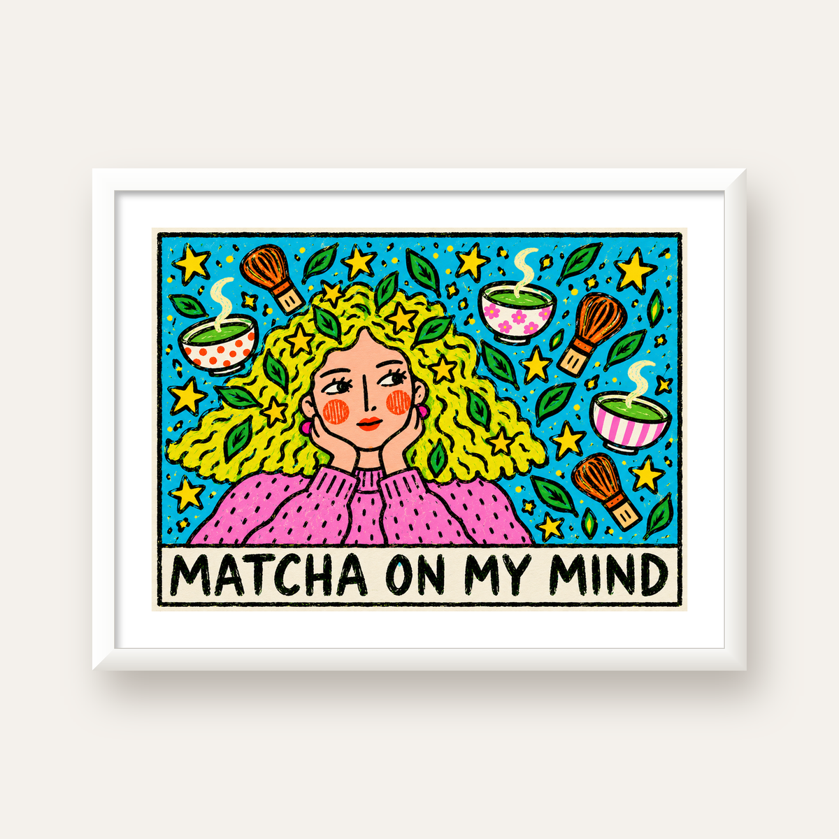 Matcha on My Mind Renkli İllüstrasyon Tipografi Poster — beyaz çerçeveli yatay poster