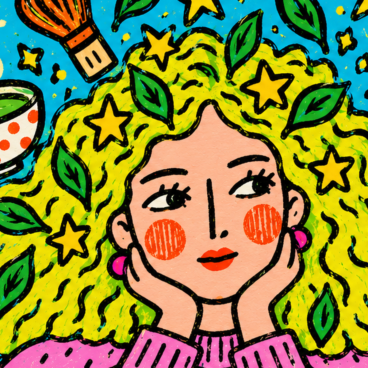 Matcha On My Mind – Renkli Kadın Portreli Sanat Posteri — baskının yakın çekimi, kâğıt dokusu ve renk detayı