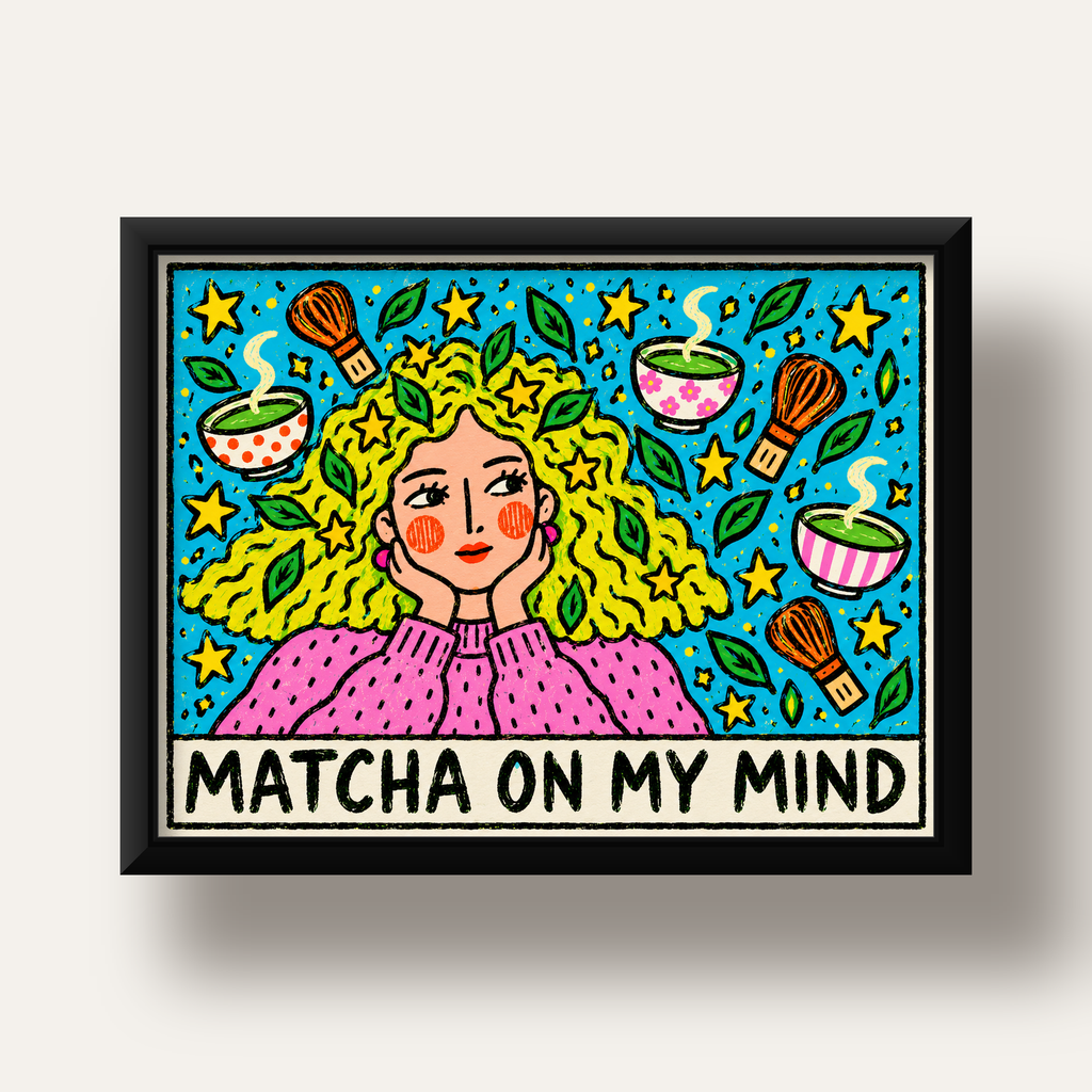 Matcha on My Mind Renkli İllüstrasyon Tipografi Poster — siyah derin çerçeveli