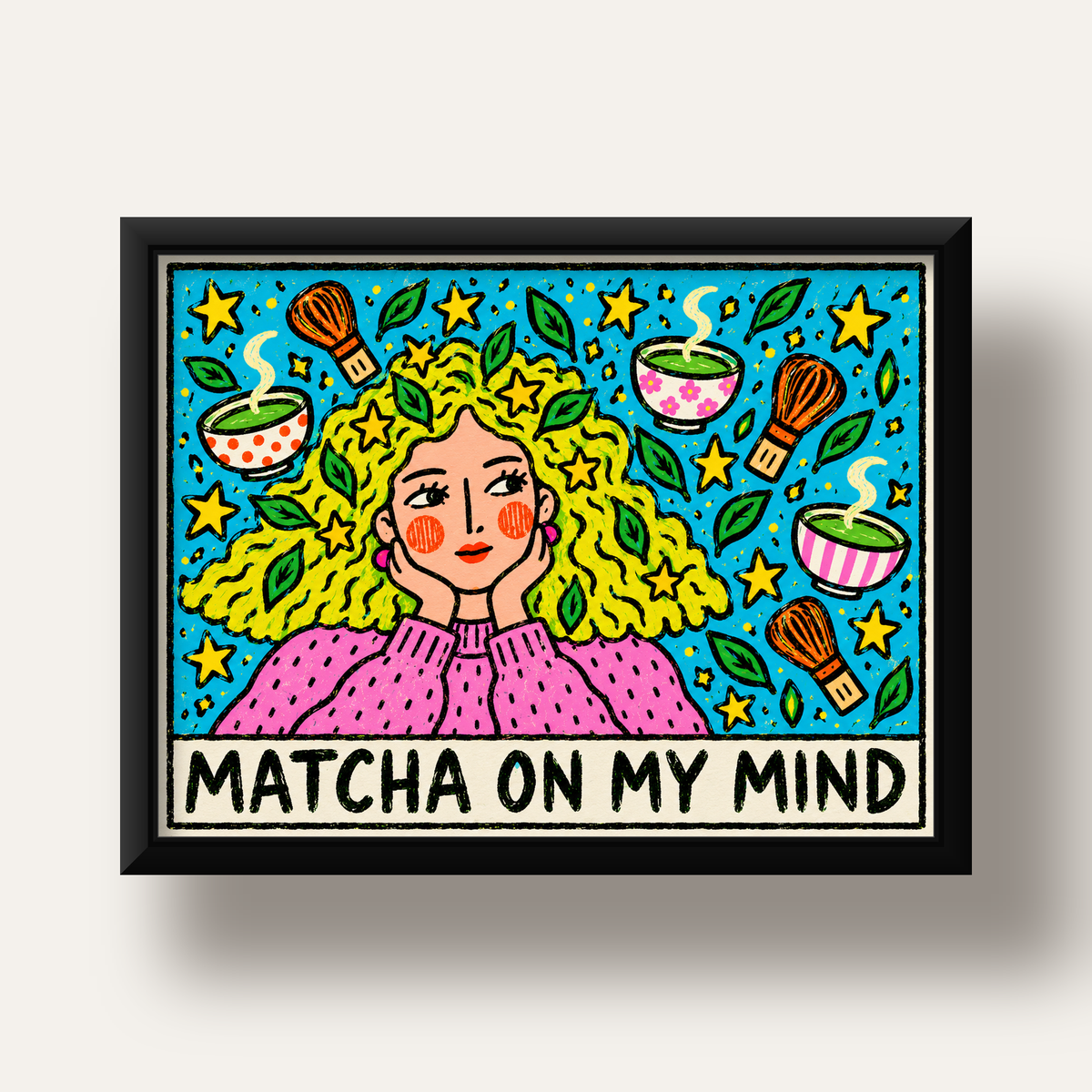 Matcha on My Mind Renkli İllüstrasyon Tipografi Poster — siyah derin çerçeveli