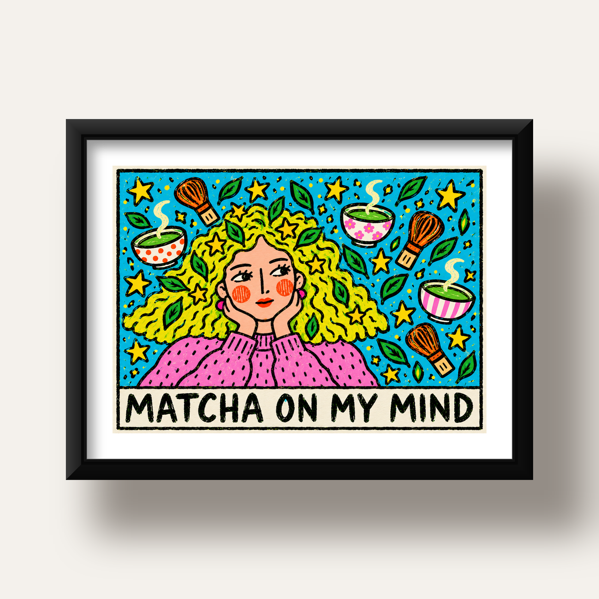 Matcha on My Mind Renkli İllüstrasyon Tipografi Poster — siyah derin çerçeveli paspartulu